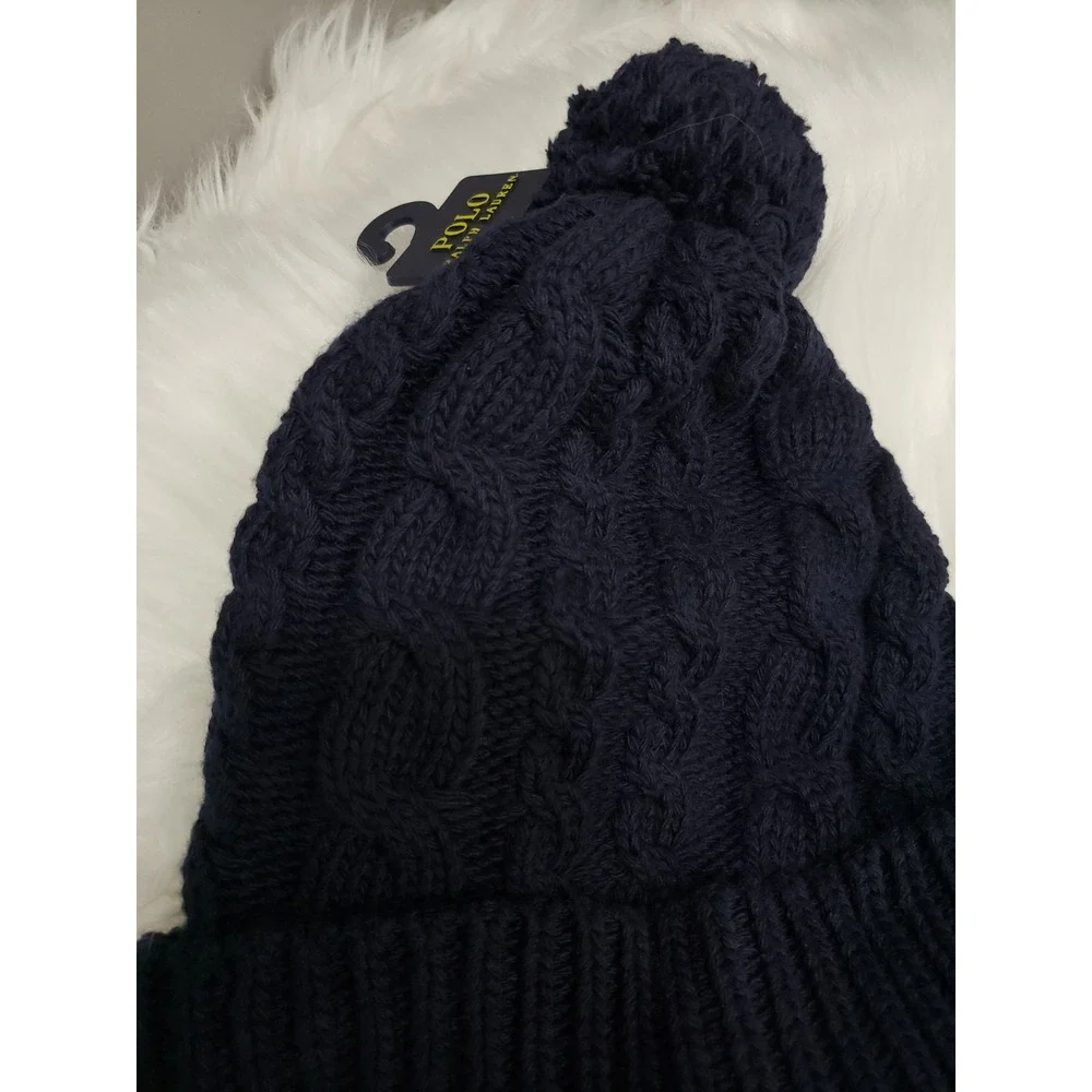 NEW One Size Polo Ralph Lauren Cable-Knit Pom-Pom Beanie mens winter hat navy